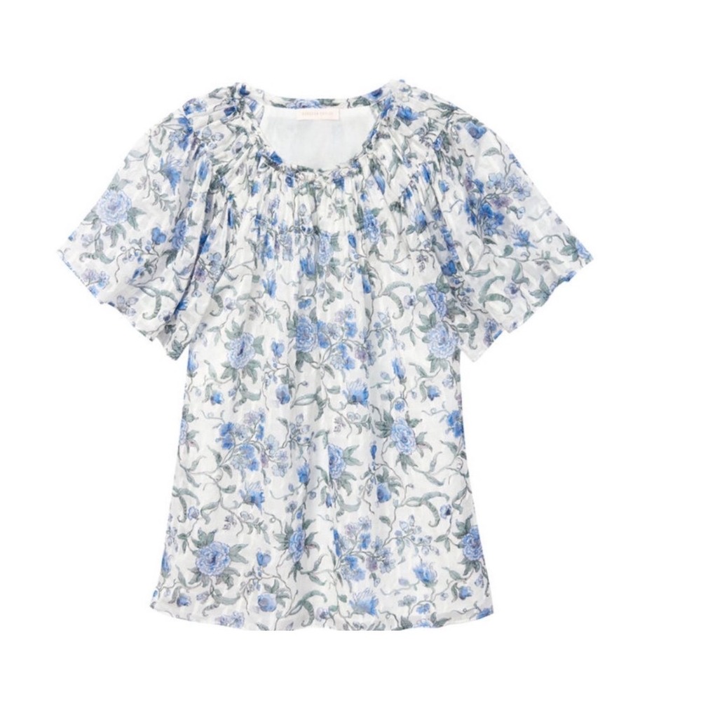 Rebecca Taylor Blue Floral Silk Blend Flutter Sleeve Blouse 4 cottage preppy